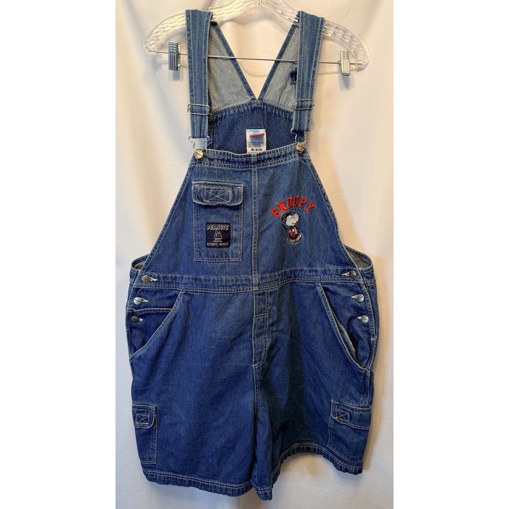 Vintage 90s Peanuts Snoopy Women's Blue Denim Shortalls Size 18/20W Embroidered